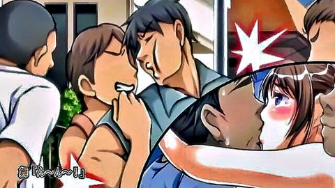 Japanese hentai girls passionately kissing and embracing guys in steamy outdoor group makeout