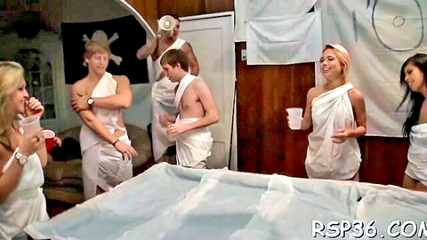 Wild wet teen toga party threesome with blondes and group fun