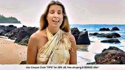 Blonde woman in sarong shares sexual hygiene tips on tropical beach