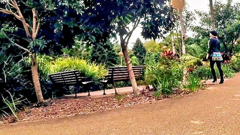 Scarlet Chase teasing in park, walking in skirt and stockings
