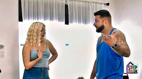 Gia Ohmy as busty blonde stepsis confronting stepbrother in tank top