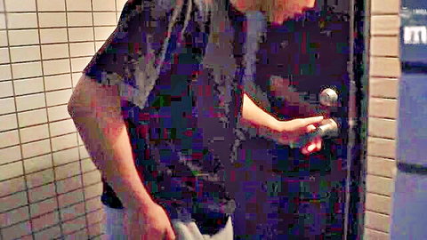 Japanese man in sweatpants reaching for bathroom door, tempted by neighbor MILF's dropped panties