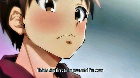 Blushing anime trap boy surprised by cute compliment in hentai episode