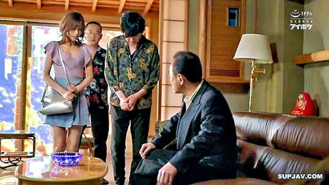 Ai Nagejima in pink dress with older men in JAV family scene