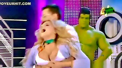 Blonde with big tits nipple slip in Hulk cosplay adult scene