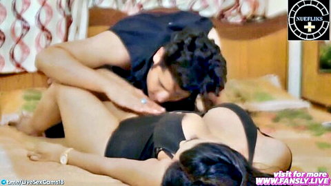 Indian busty MILF passionately kissed by stepson in sensual embrace