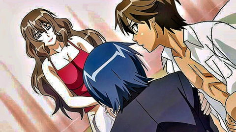 Anime cool teacher with big tits teases two male students in steamy scene