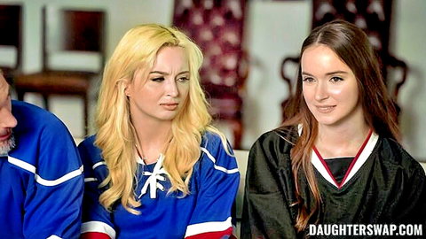 Lexi Lore blonde in blue jersey bonds with brunette and man in hockey outfits