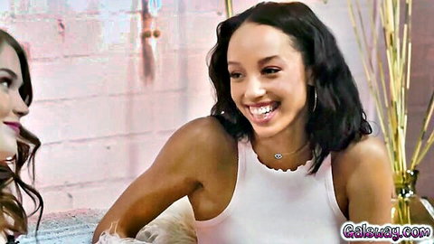 Evelyn Claire and Maya Woulfe smiling in lesbian threesome preview