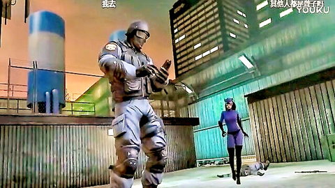 Sexy Catwoman in tight purple latex suit struts past muscular tactical soldier holding phone in cyberpunk city
