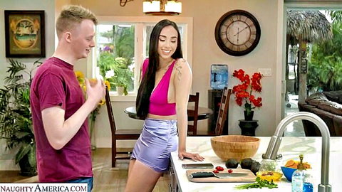 Curvy tanned Asian teen with big tits in pink bra and shorts teases young guy in kitchen