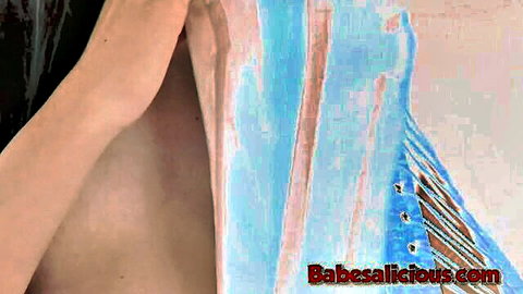 Brunette in torn blue lingerie fingers her pink pussy solo masturbation closeup
