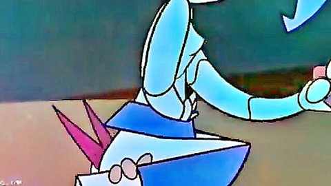Cartoon blue-skinned hentai babe with huge tits in skimpy sailor uniform holding pink pokeballs seductively
