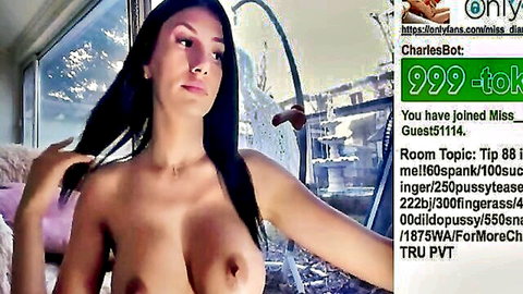 Topless busty brunette webcam babe flashing huge tits with hard nipples on live show