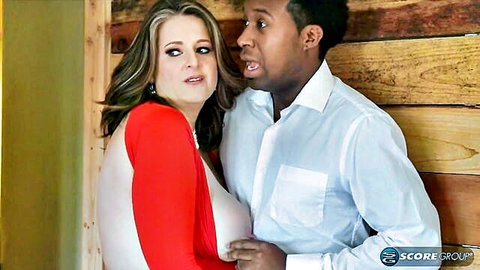 Kerry Martin BBW big tits in red top with black man closeup
