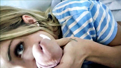 Blonde teen holds thick cock with cum on lips and cheek in closeup POV blowjob