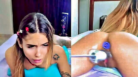 Latina tattooed babe in blue top uses screw machine for intense penetration, dual view