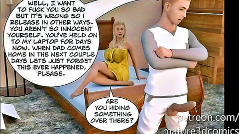 Busty blonde stepmom in yellow bikini teases stepson with taboo fuck talk on bed in 3D comic