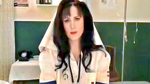 Brunette nurse in white uniform with stethoscope, serious expression