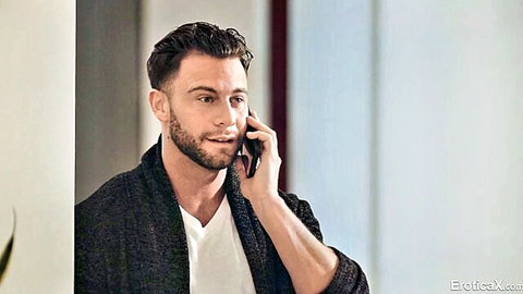 Man on phone in cardigan during Dana Wolf's accident date scene, tall girl theme