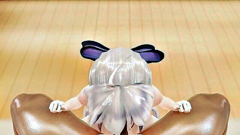 Anime girl with purple bow gripping massive shiny thighs from behind in bowling alley