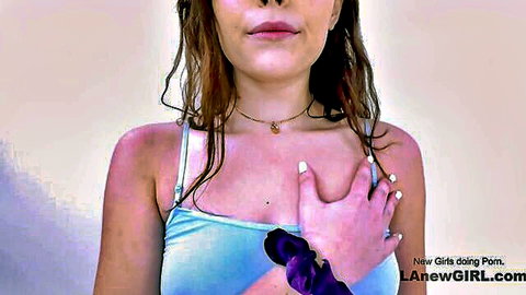 Skinny brunette teen with small tits groped over wet tank top in amateur casting