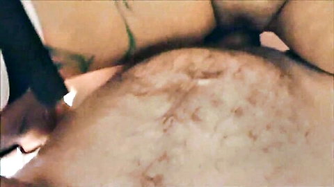 Hairy amateur woman spreads cheeks for black dildo anal penetration closeup