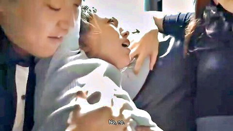 Asian woman seduced by ex-wife in intense embrace, passionate kiss scene