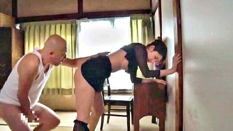 Sexy Asian widow in sheer funeral dress bent over for bald man in JAV