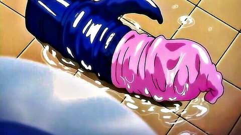 Hentai elder sis with blue dildo inserted, pink pussy oozing white fluids on floor