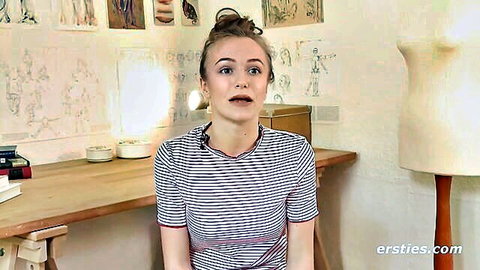 Aislin in Ersties, slim Ukrainian blonde in striped shirt looking surprised