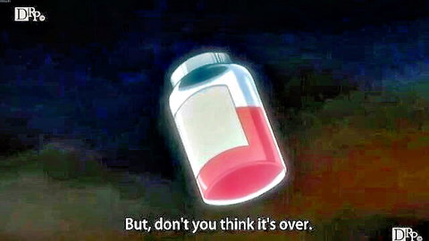 Anime glowing jar with red liquid floating in dark mystical scene