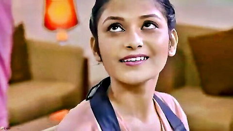 Desi maid smiling seductively in pink apron, Pati Patni aur kamwali 2023