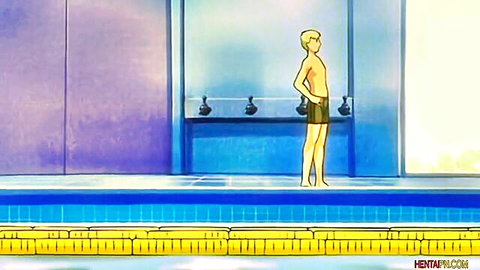 Anime boy in black swimsuit standing by pool in Mizugi Kanojo hentai ep 1