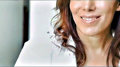 Smiling redhead step aunt in white blouse teases virginity loss