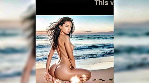 Aviaia nude on sunny beach, long wavy hair, perfect round butt from behind