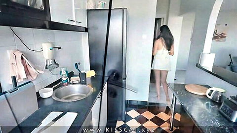 Asian stepmom in short white dress walking to bedroom, stepson creampie fantasy