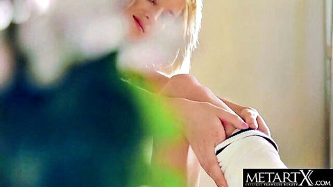 Beautiful teen Tempe in white socks, teasing her shaved pussy solo