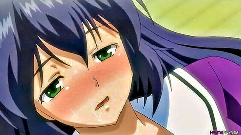 Hentai anime babe with green eyes blushing as thick cum drips from her aroused open mouth