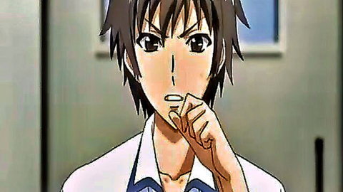 Anime teen boy in school uniform gesturing at mouth in classroom hallway