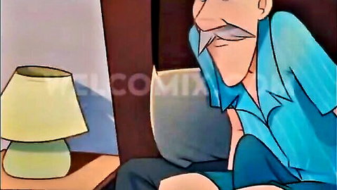 Hentai cartoon old man with mustache in blue shirt sitting seductively on bedroom bed beside lamp