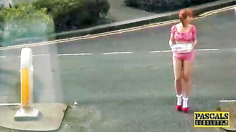 Pascal White in revealing pink mini dress and thigh highs outdoors for Pascals Subsluts