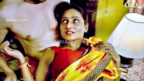 Indian MILF in red blouse and yellow sari cuddling muscular man in Charmsukh Bidaai