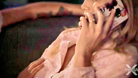 Blonde MILF in open pink blouse seductively on phone call with stepson