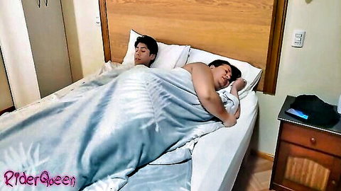 Latina MILF stepmom spooning intimately with stepson in bed