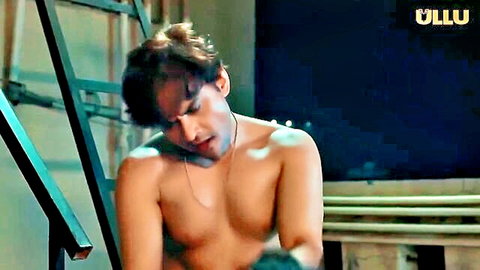 Shirtless muscular Indian man in tense pose from Ullu hot web series Farebi Yaar 2