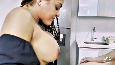 Carla Morelli topless ebony beauty flaunts massive tits smiling
