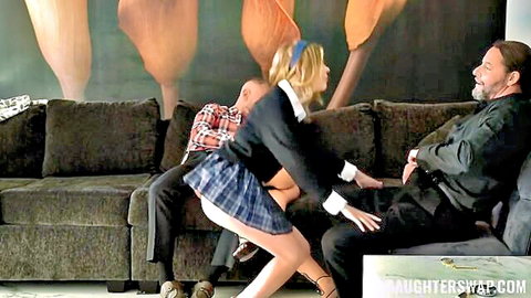 Blonde schoolgirl bent over in plaid skirt, teasing ass in taboo threesome
