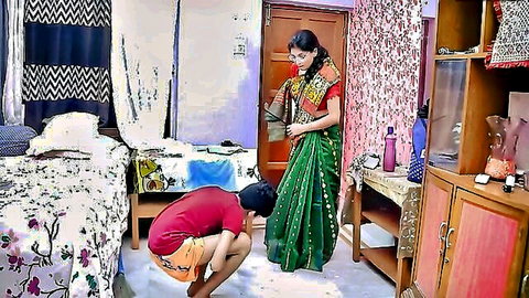 Indian teacher in green saree stands over squatting student for taboo seduction