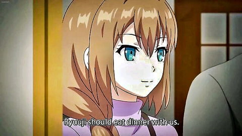 Anime orange-haired teen girl in purple sweater smiling inviting Ryuuji to dinner